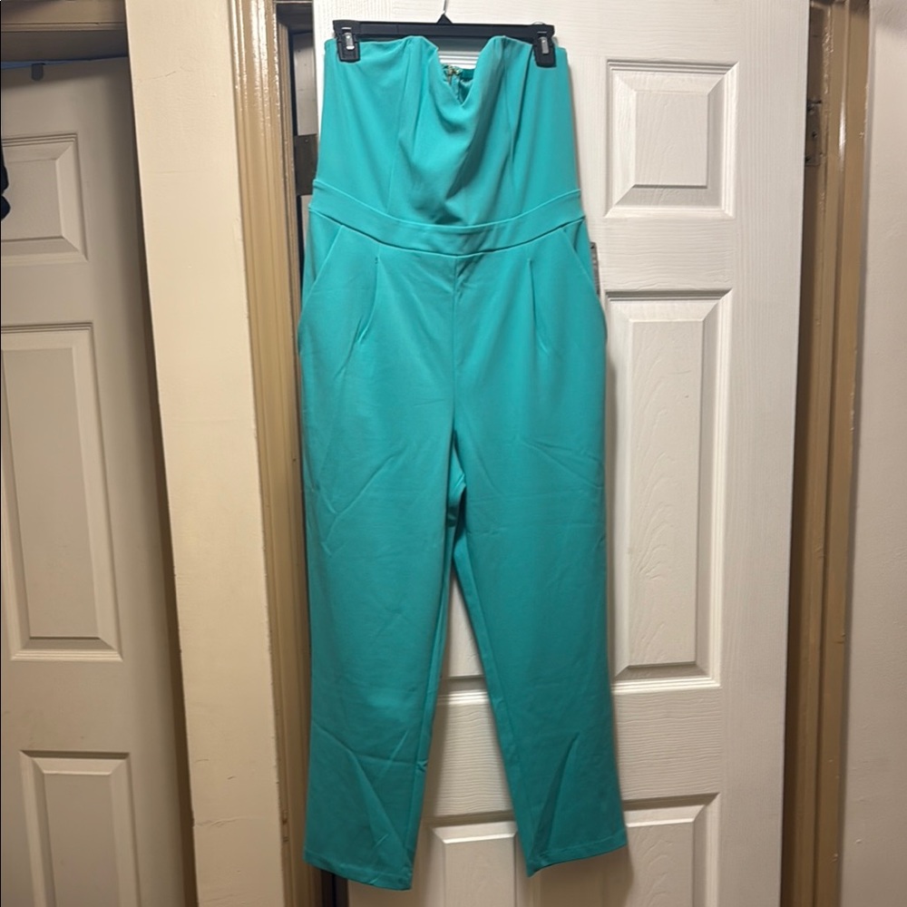 Express Blue Jumpsuit Modern Strapless Design